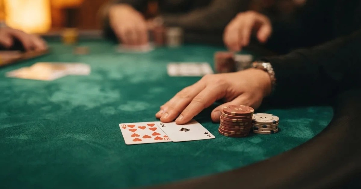 A close-up of a green felt gaming table with cards and chips mid-hand.