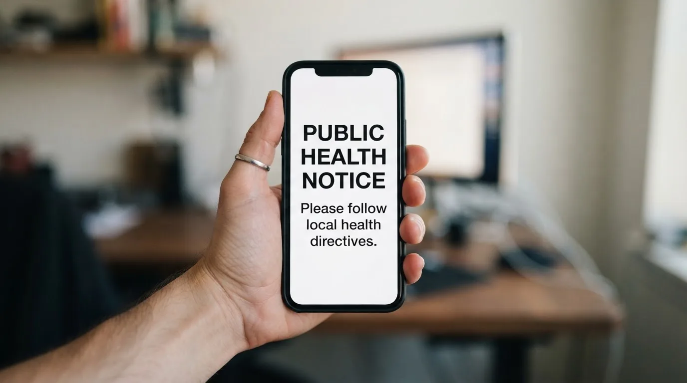 A smartphone screen showing a plain government warning notice about a blocked website, held against a blurred background.