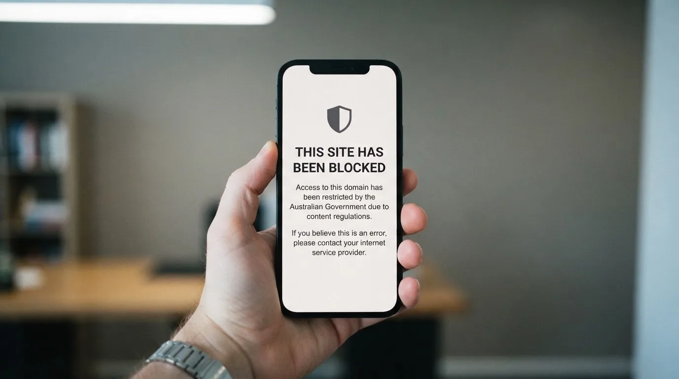 A smartphone screen showing a plain government warning notice about a blocked website, held against a blurred background.