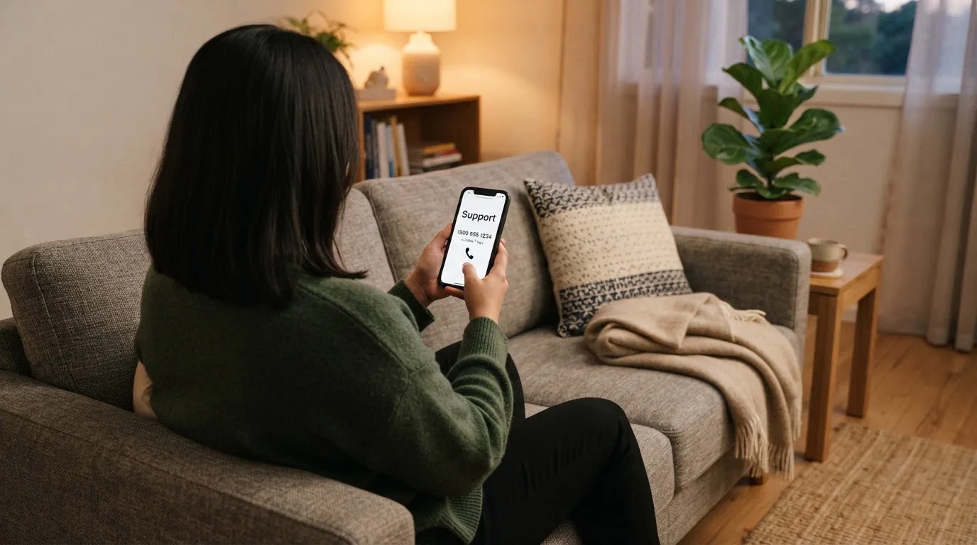 A person sitting calmly with a phone open to a support helpline page, no gaming screen visible.
