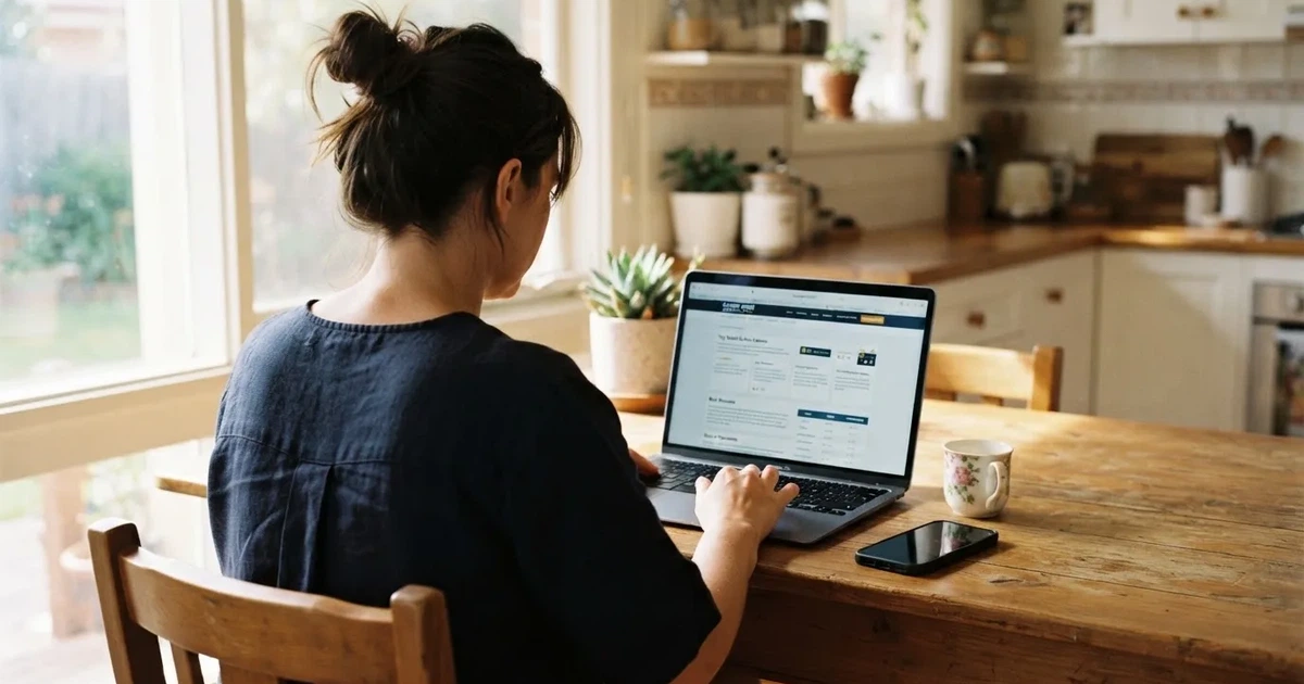 A person at a kitchen table scrolling through review pages on a laptop, phone face-down beside them.
