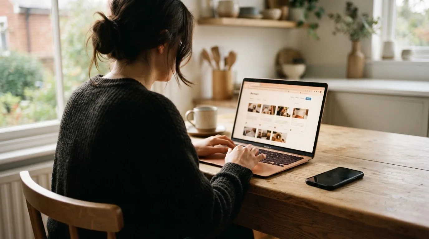 A person at a kitchen table scrolling through review pages on a laptop, phone face-down beside them.