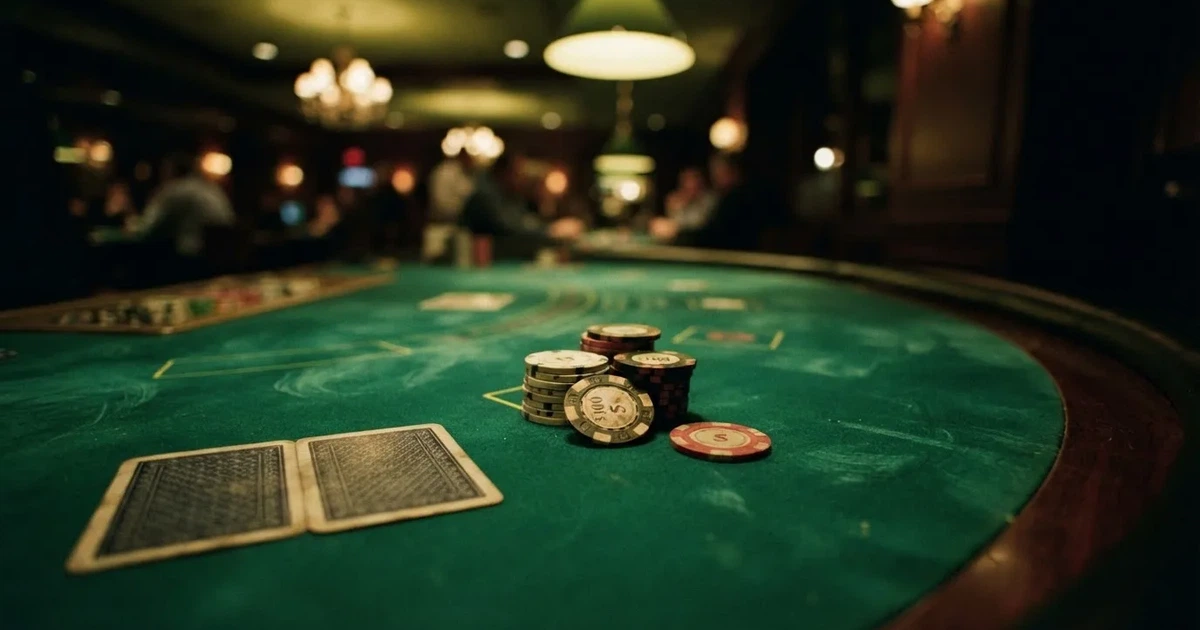 A close-up of a green felt gaming table with cards and chips mid-hand.