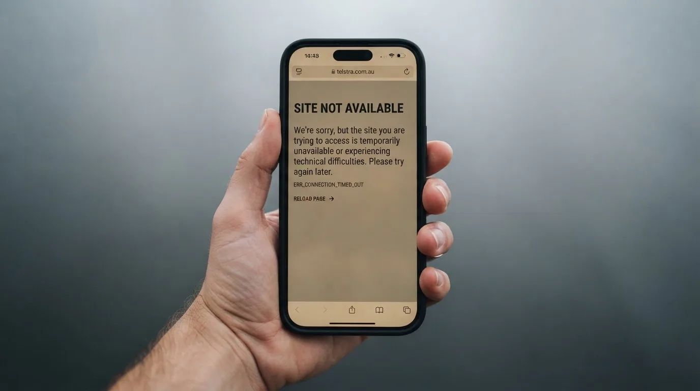 A smartphone screen showing a plain government warning notice about a blocked website, held against a blurred background.