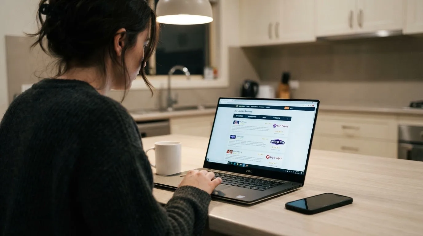 A person at a kitchen table scrolling through review pages on a laptop, phone face-down beside them.
