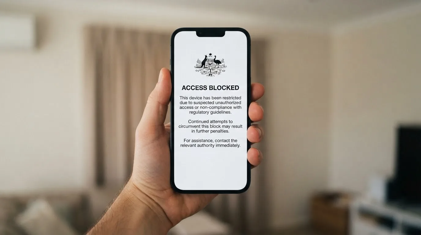 A smartphone screen showing a plain government warning notice about a blocked website, held against a blurred background.