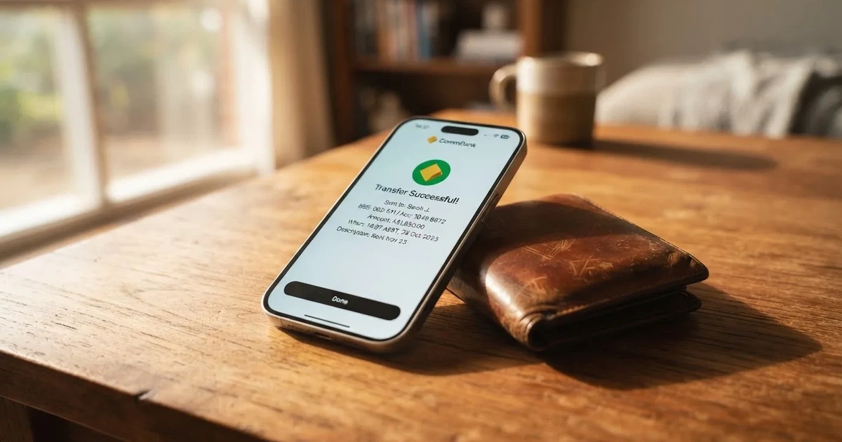 A phone screen showing a bank transfer confirmation, held next to a wallet on a table.