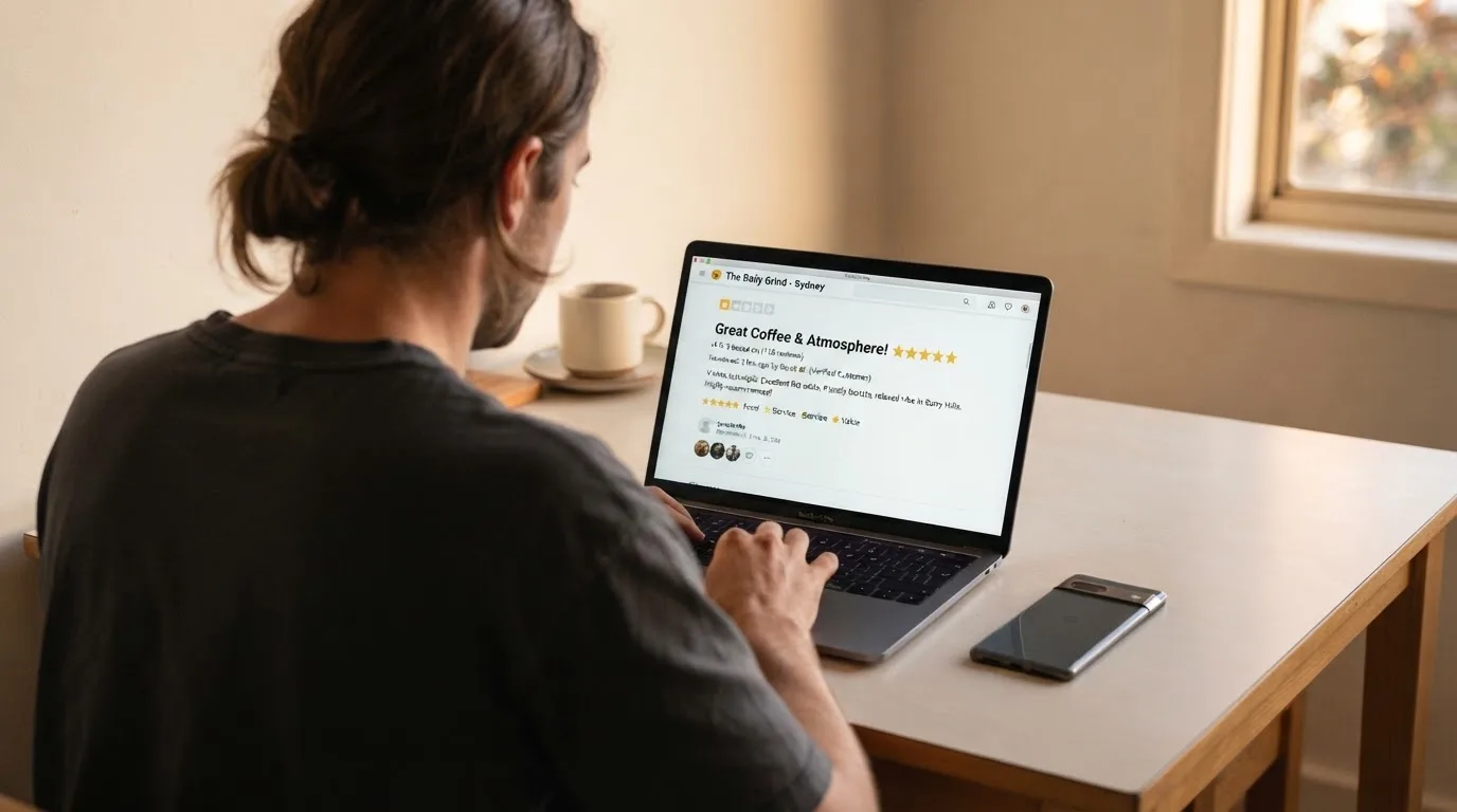 A person at a kitchen table scrolling through review pages on a laptop, phone face-down beside them.