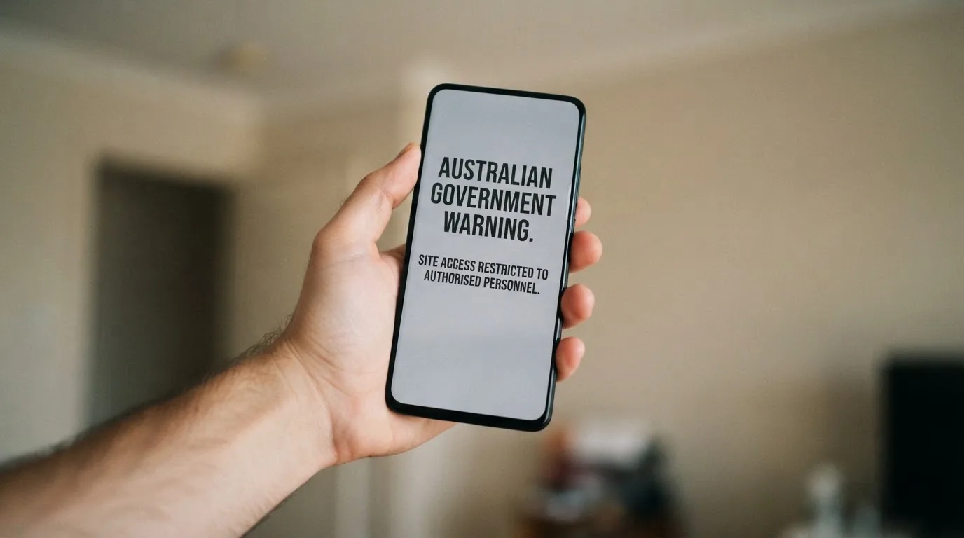 A smartphone screen showing a plain government warning notice about a blocked website, held against a blurred background.