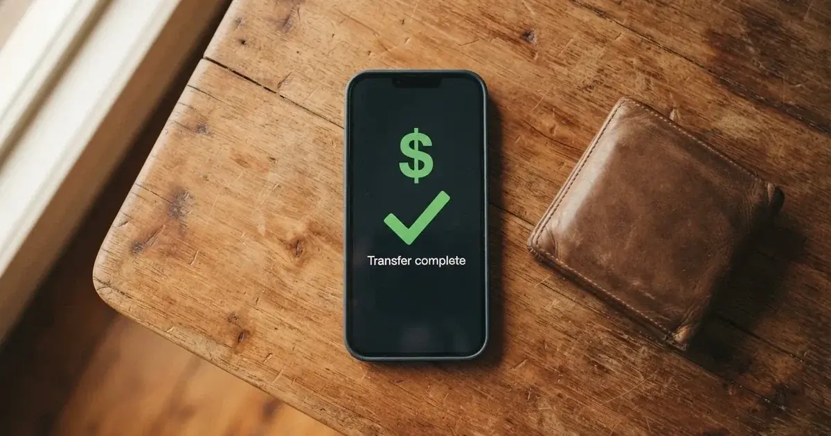 A phone screen showing a bank transfer confirmation, held next to a wallet on a table.