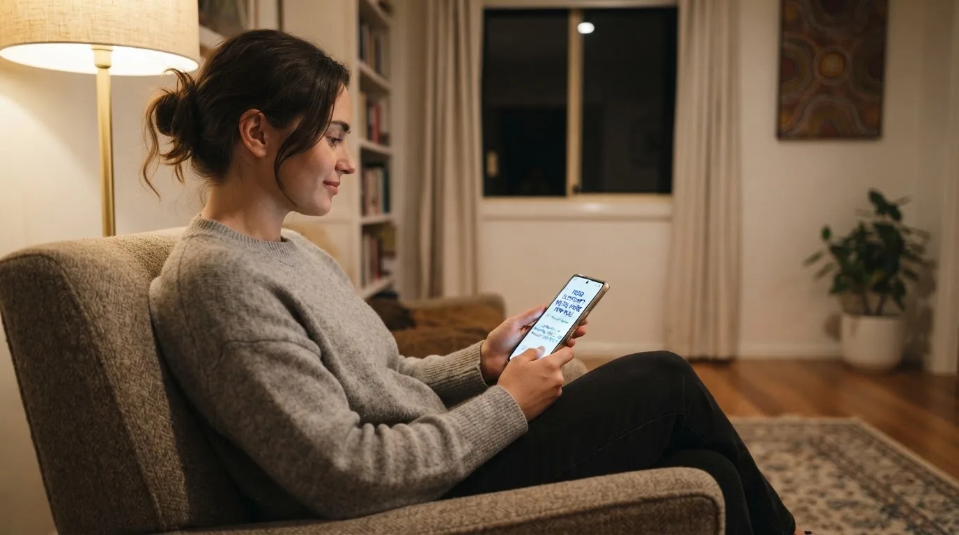 A person sitting calmly with a phone open to a support helpline page, no gaming screen visible.