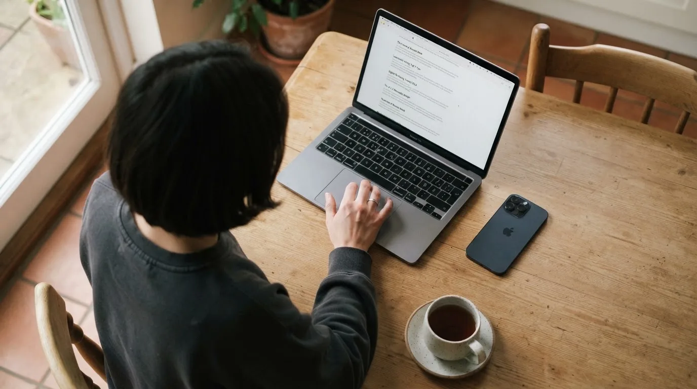 A person at a kitchen table scrolling through review pages on a laptop, phone face-down beside them.
