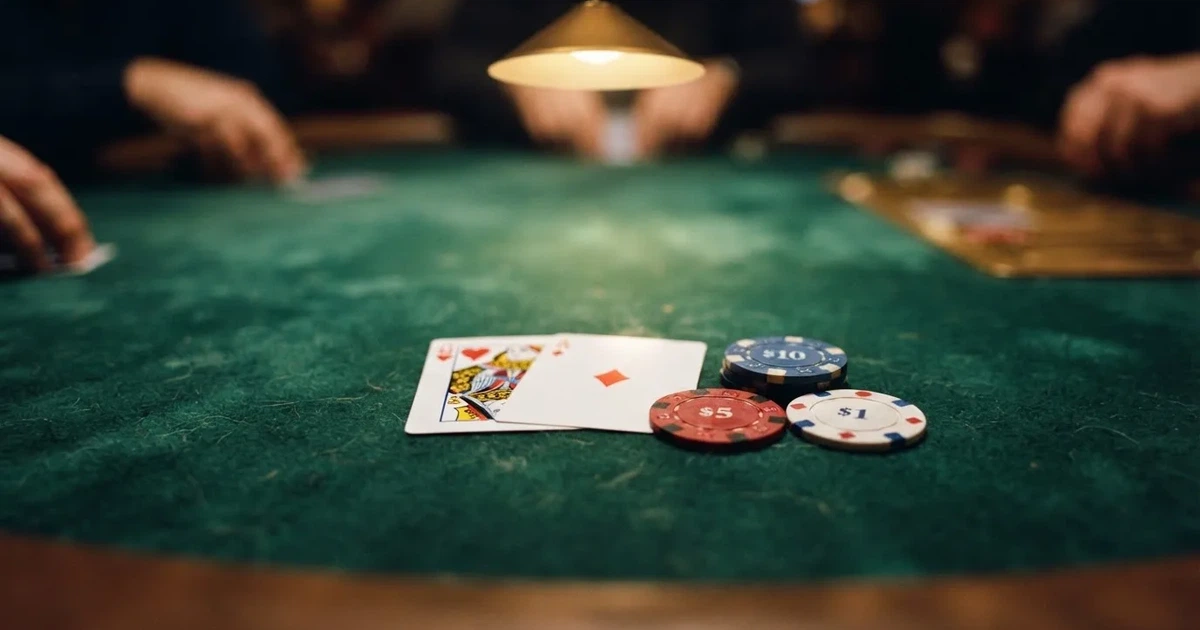 A close-up of a green felt gaming table with cards and chips mid-hand.