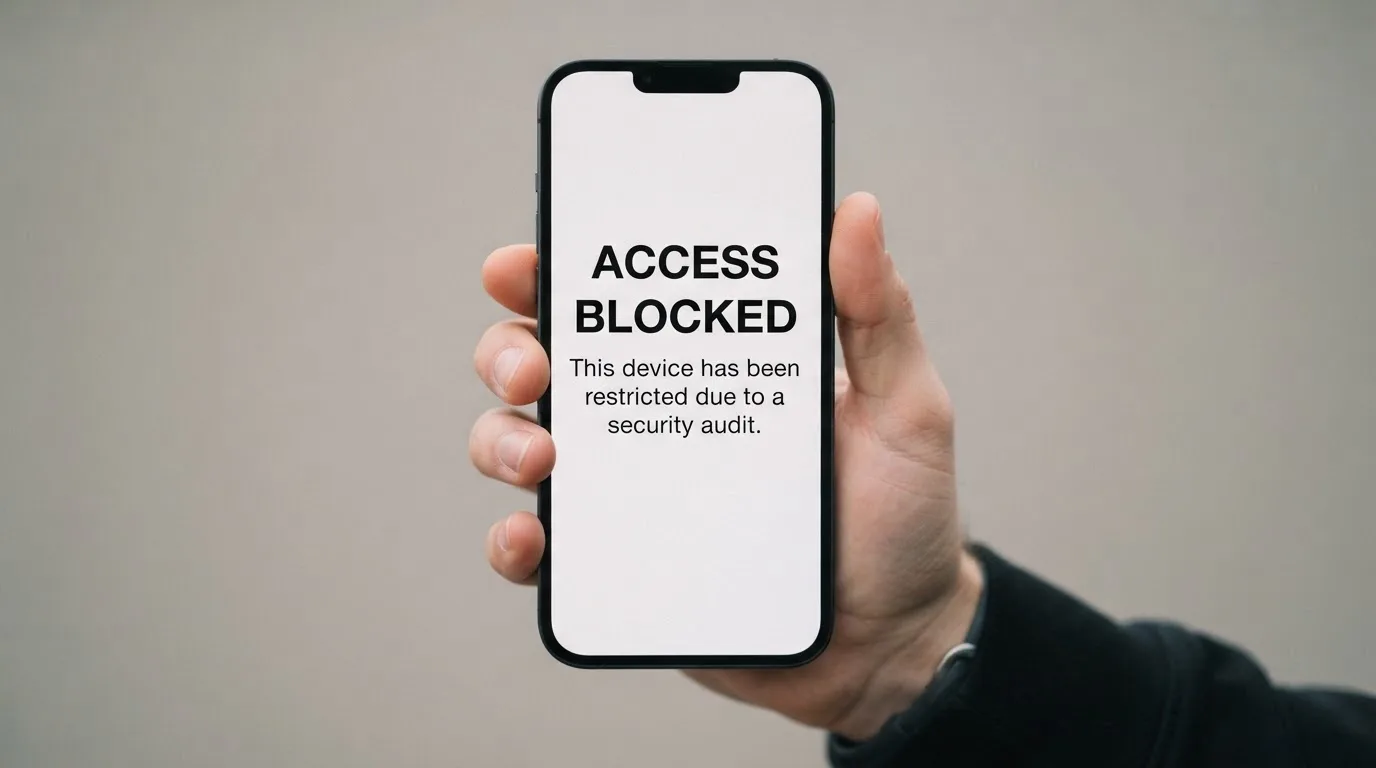 A smartphone screen showing a plain government warning notice about a blocked website, held against a blurred background.
