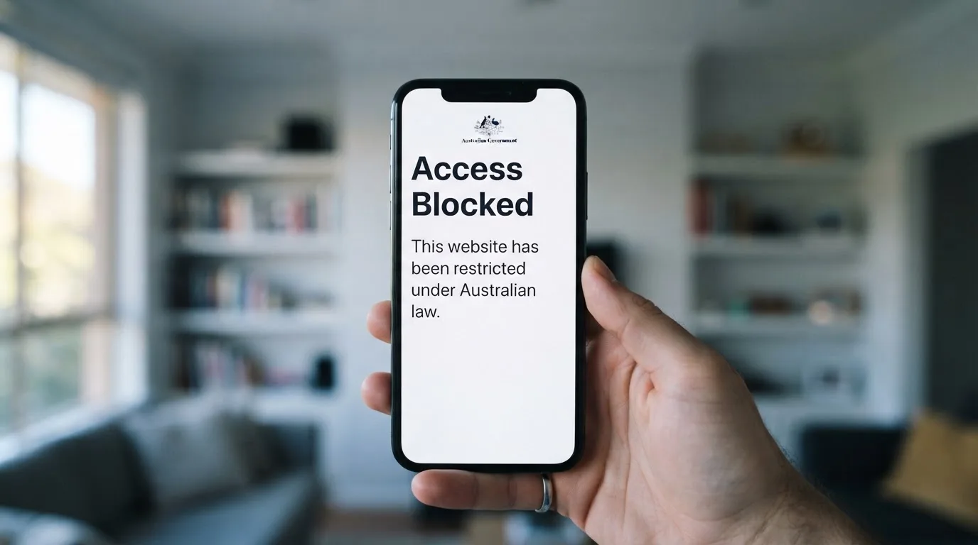 A smartphone screen showing a plain government warning notice about a blocked website, held against a blurred background.