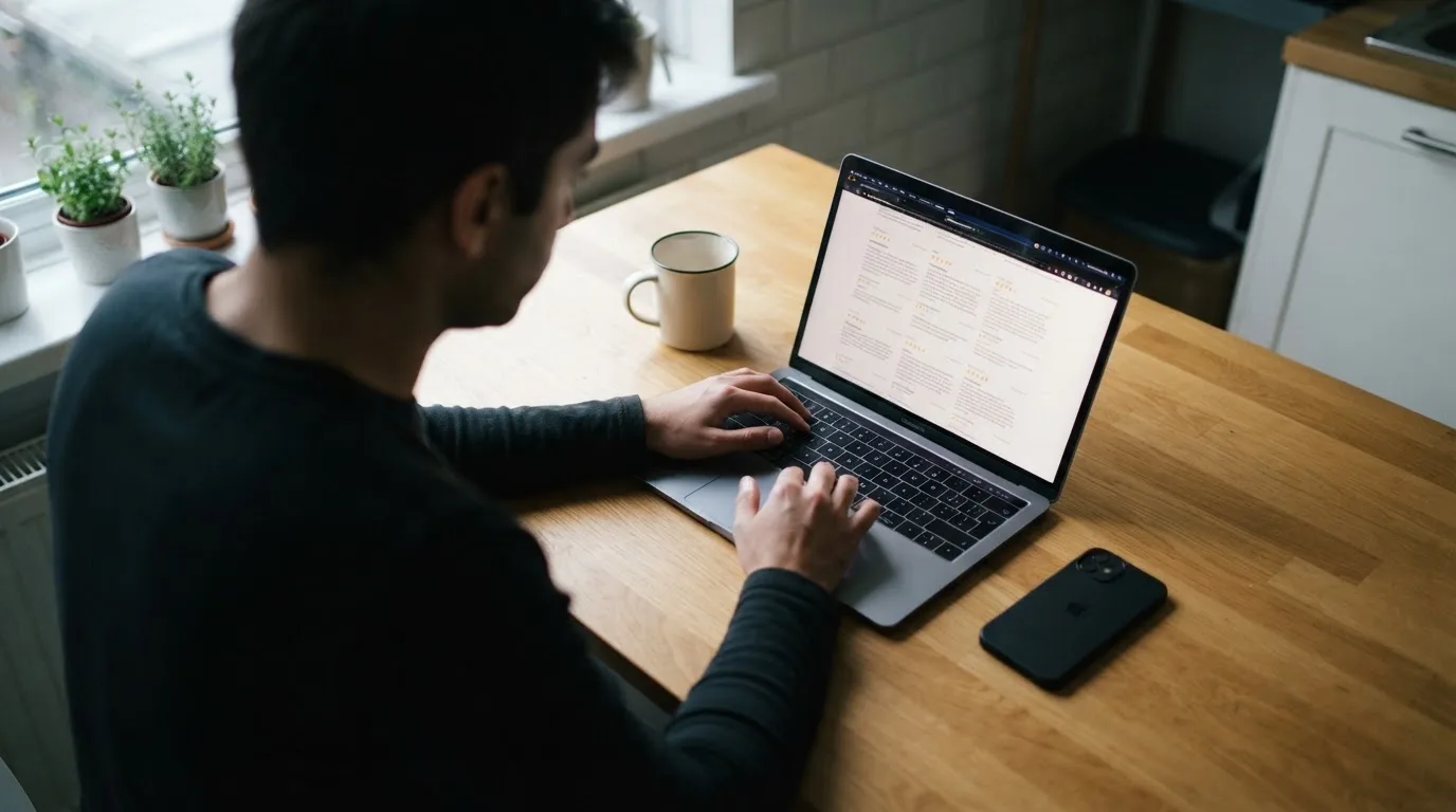 A person at a kitchen table scrolling through review pages on a laptop, phone face-down beside them.