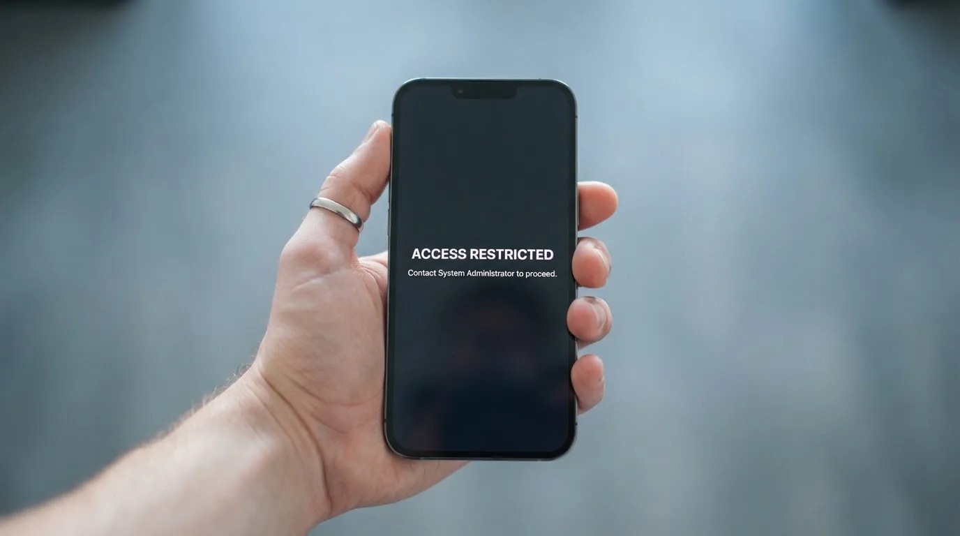 A smartphone screen showing a plain government warning notice about a blocked website, held against a blurred background.