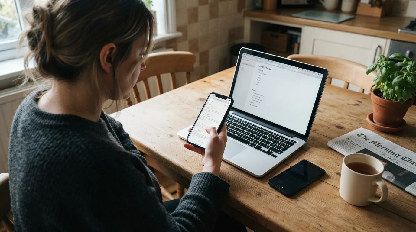 A person at a kitchen table scrolling through review pages on a laptop, phone face-down beside them.