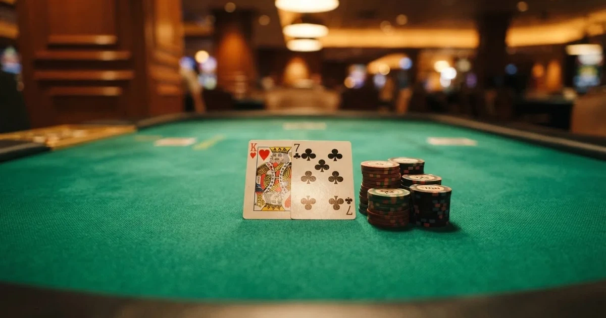 A close-up of a green felt gaming table with cards and chips mid-hand.
