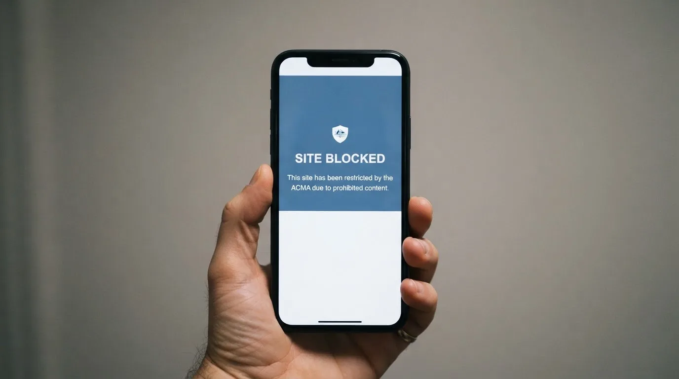 A smartphone screen showing a plain government warning notice about a blocked website, held against a blurred background.