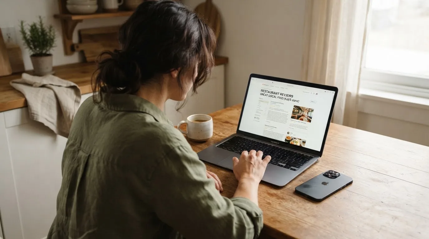 A person at a kitchen table scrolling through review pages on a laptop, phone face-down beside them.
