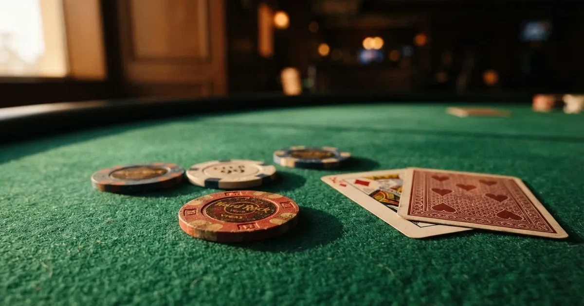 A close-up of a green felt gaming table with cards and chips mid-hand.