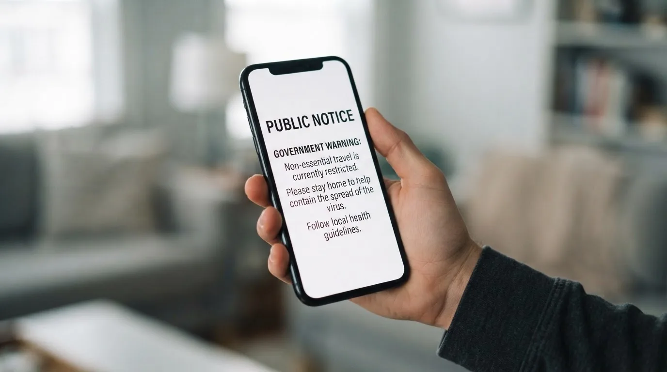 A smartphone screen showing a plain government warning notice about a blocked website, held against a blurred background.