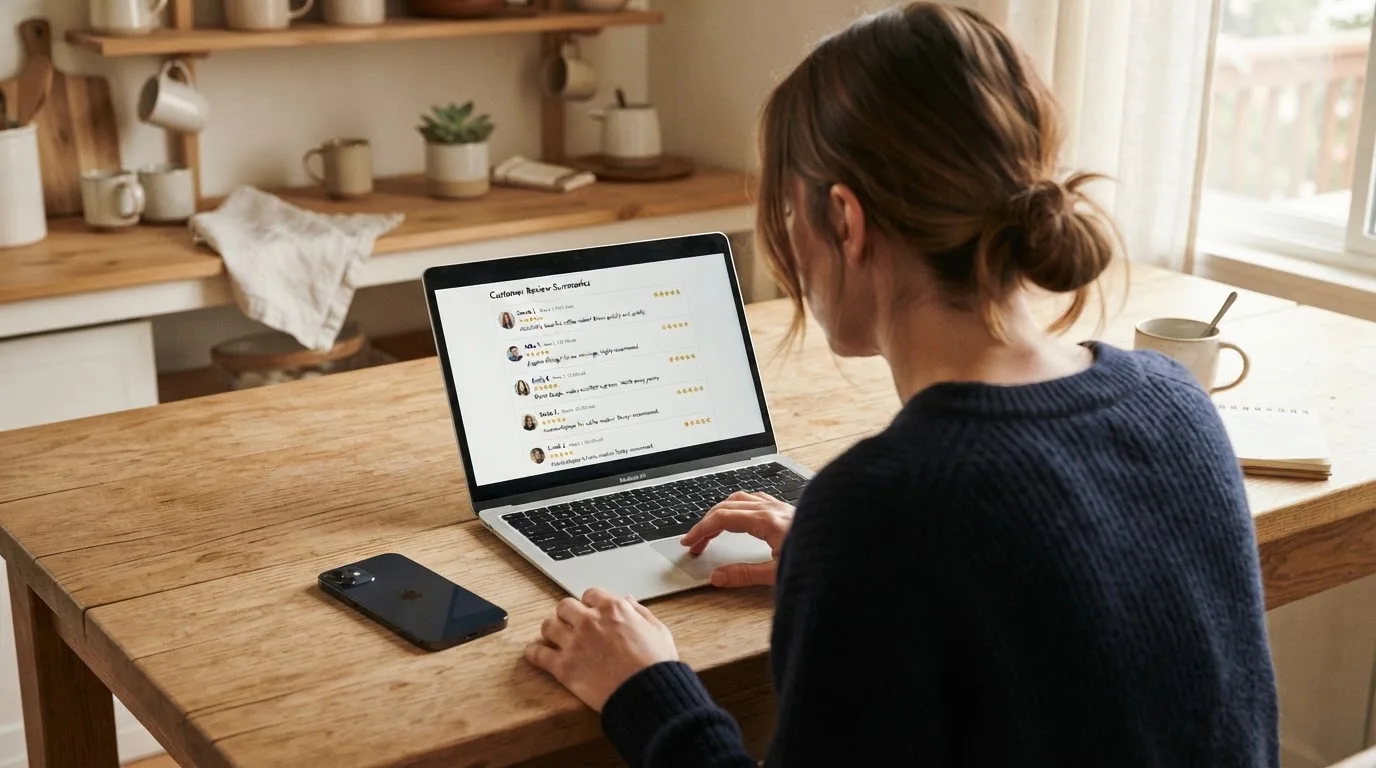 A person at a kitchen table scrolling through review pages on a laptop, phone face-down beside them.
