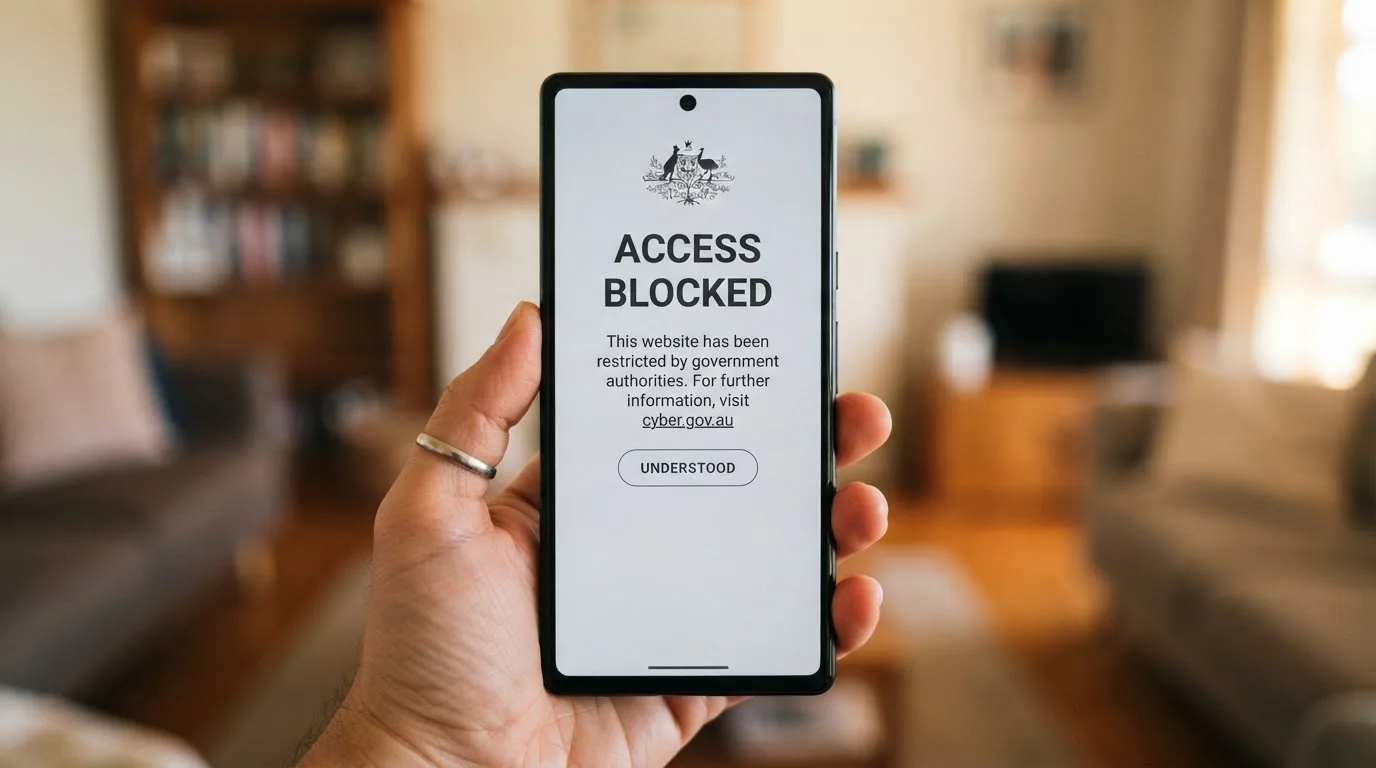 A smartphone screen showing a plain government warning notice about a blocked website, held against a blurred background.