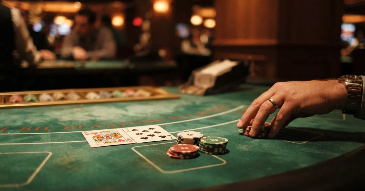A close-up of a green felt gaming table with cards and chips mid-hand.