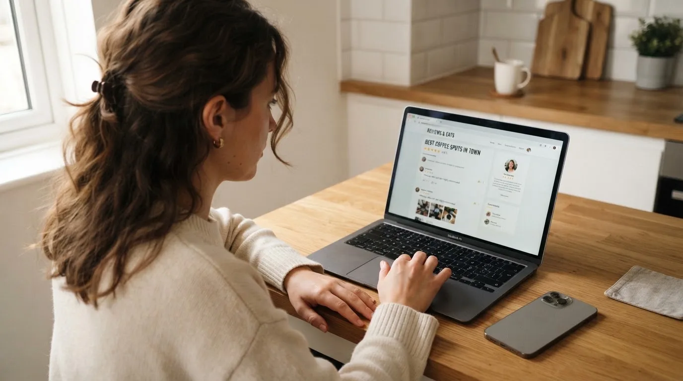 A person at a kitchen table scrolling through review pages on a laptop, phone face-down beside them.