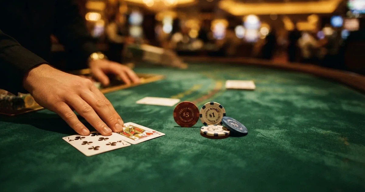 A close-up of a green felt gaming table with cards and chips mid-hand.
