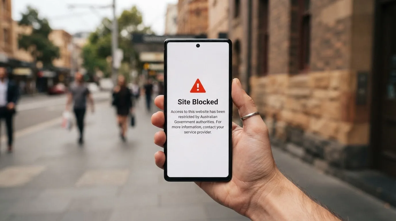 A smartphone screen showing a plain government warning notice about a blocked website, held against a blurred background.