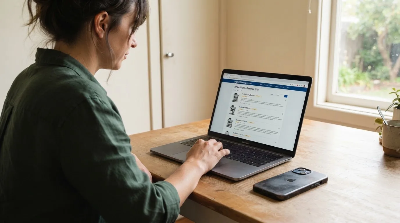 A person at a kitchen table scrolling through review pages on a laptop, phone face-down beside them.