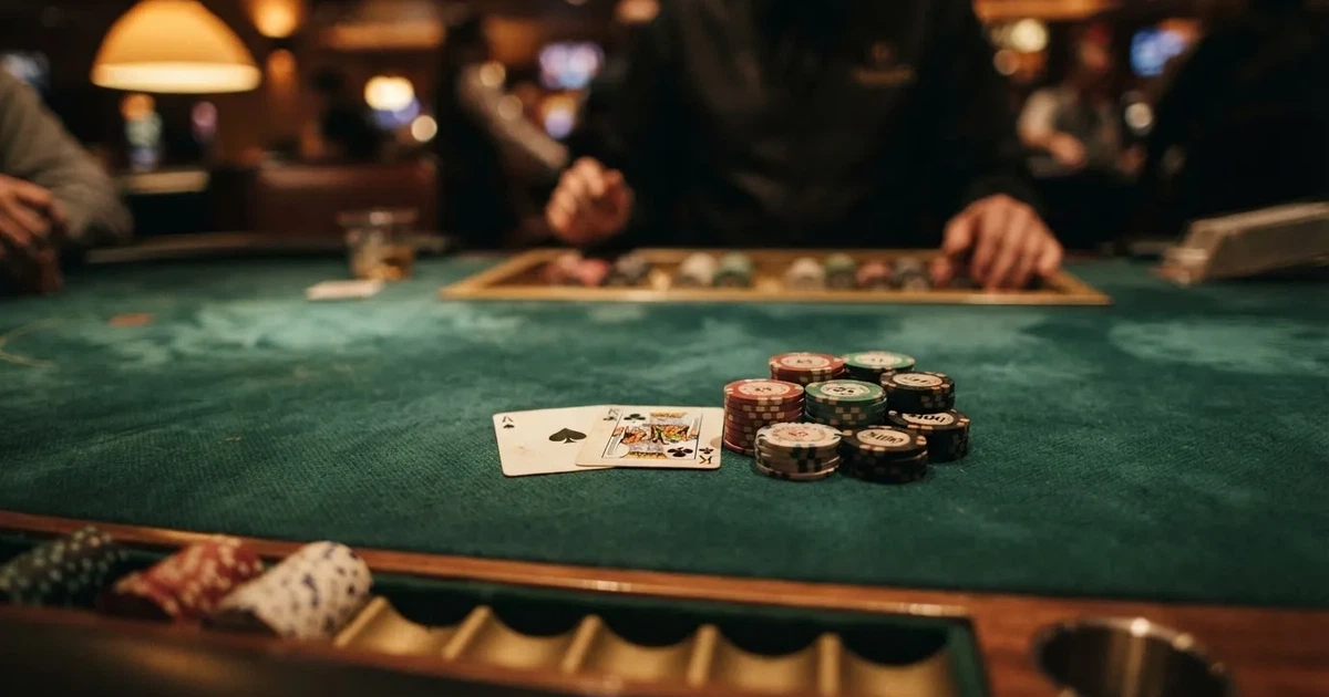 A close-up of a green felt gaming table with cards and chips mid-hand.