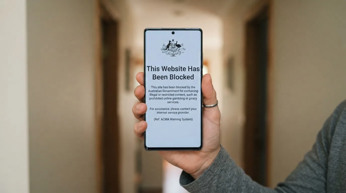 A smartphone screen showing a plain government warning notice about a blocked website, held against a blurred background.