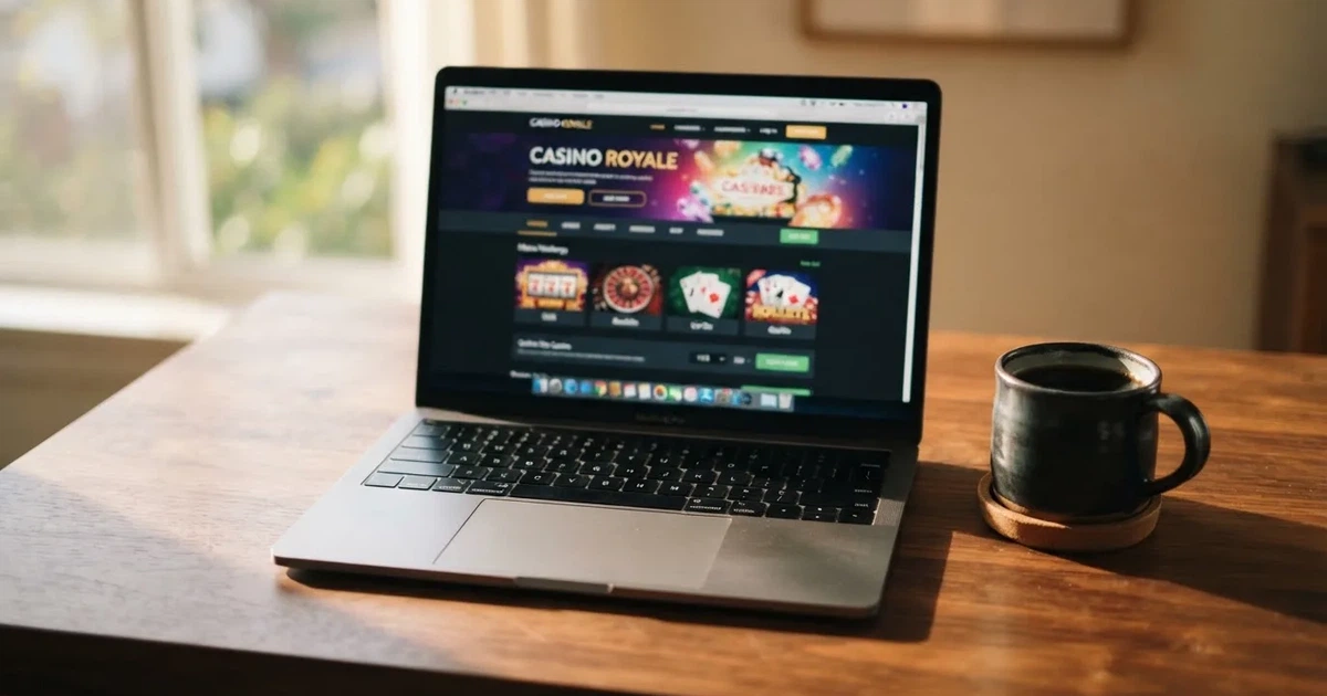 A laptop screen showing a freshly loaded website homepage, its content blurred out.