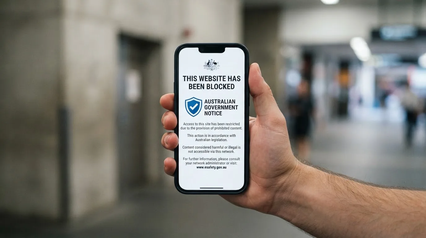 A smartphone screen showing a plain government warning notice about a blocked website, held against a blurred background.
