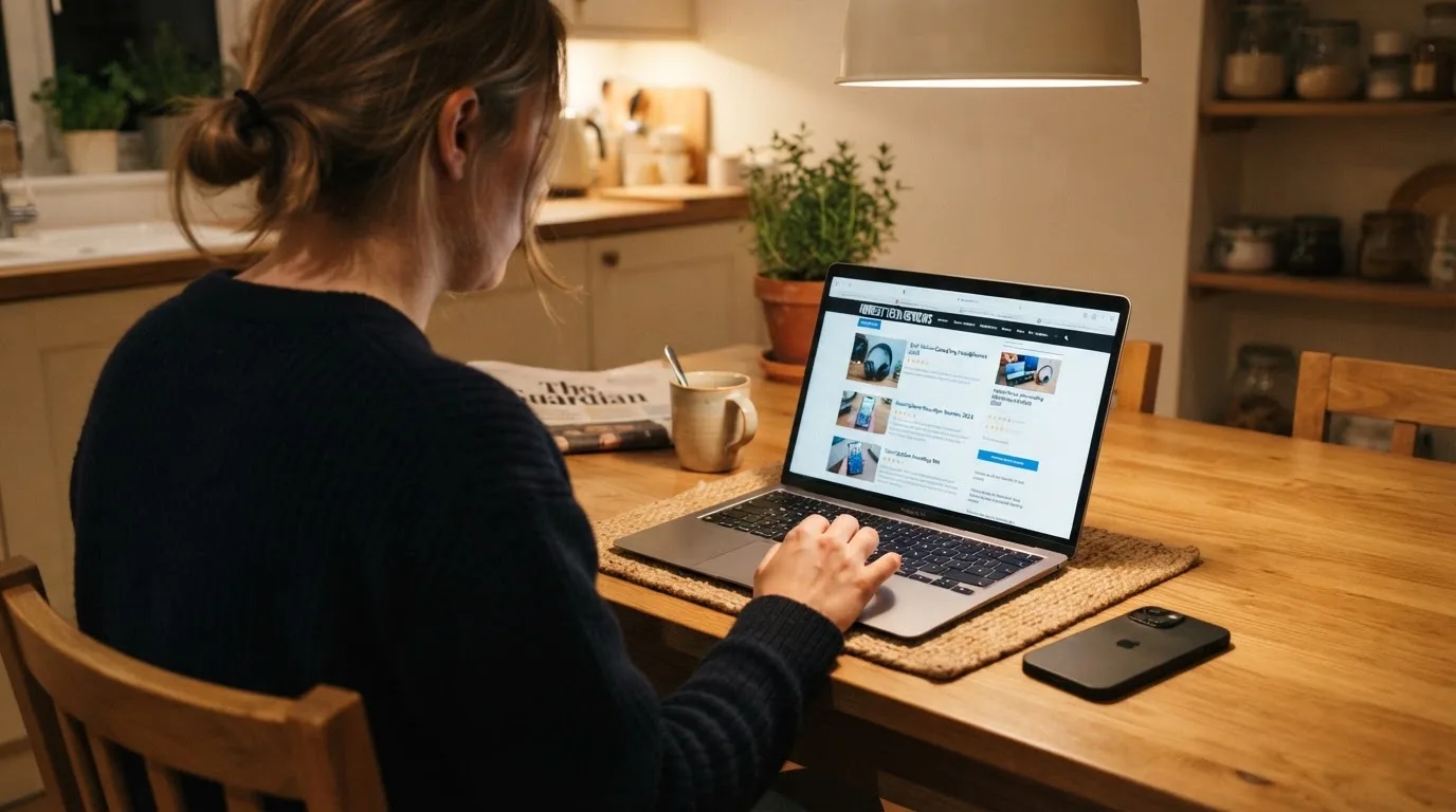 A person at a kitchen table scrolling through review pages on a laptop, phone face-down beside them.