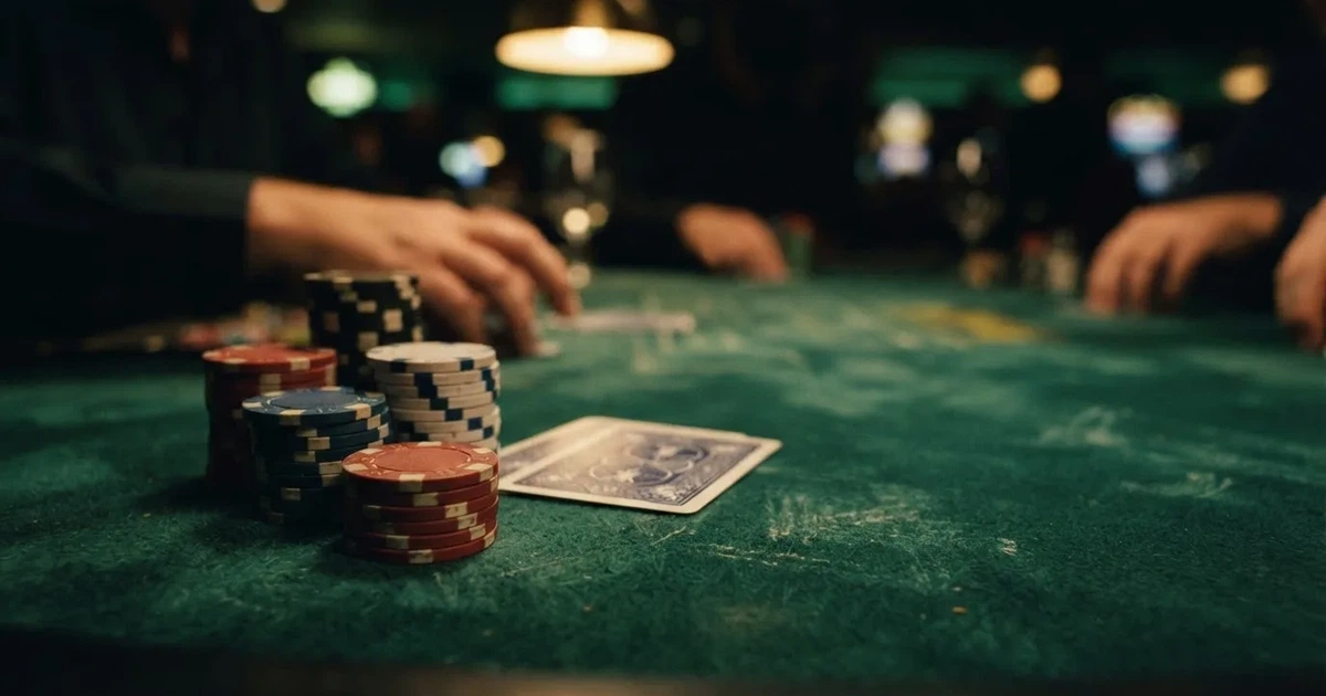 A close-up of a green felt gaming table with cards and chips mid-hand.