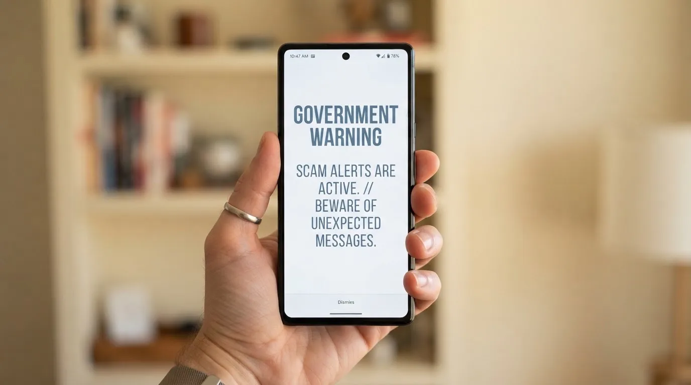 A smartphone screen showing a plain government warning notice about a blocked website, held against a blurred background.