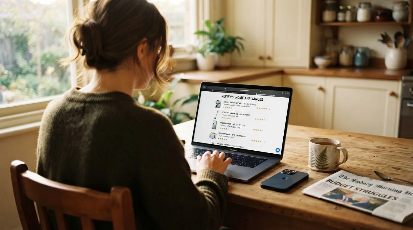 A person at a kitchen table scrolling through review pages on a laptop, phone face-down beside them.