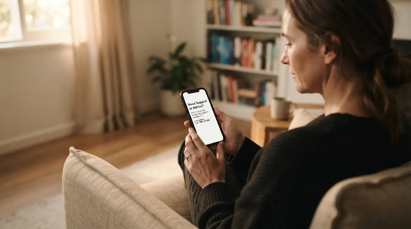 A person sitting calmly with a phone open to a support helpline page, no gaming screen visible.