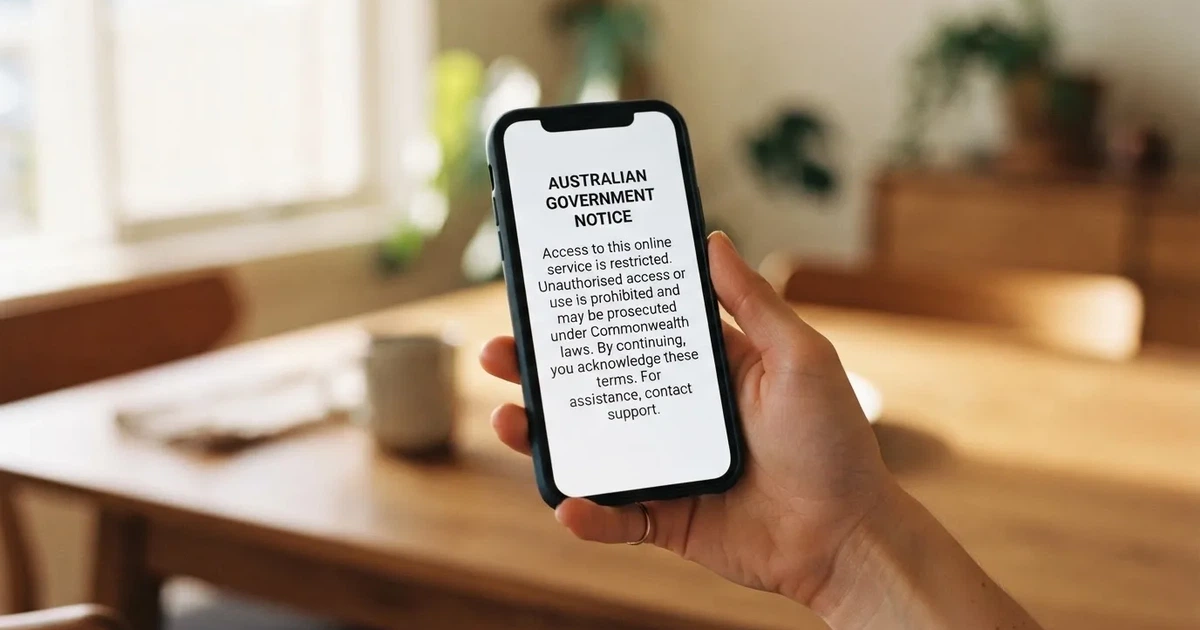 A smartphone screen showing a plain government warning notice about a blocked website, held against a blurred background.