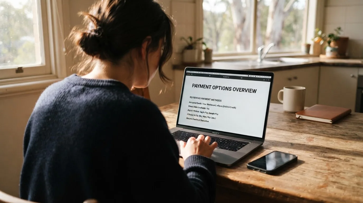 A person at a kitchen table scrolling through review pages on a laptop, phone face-down beside them.