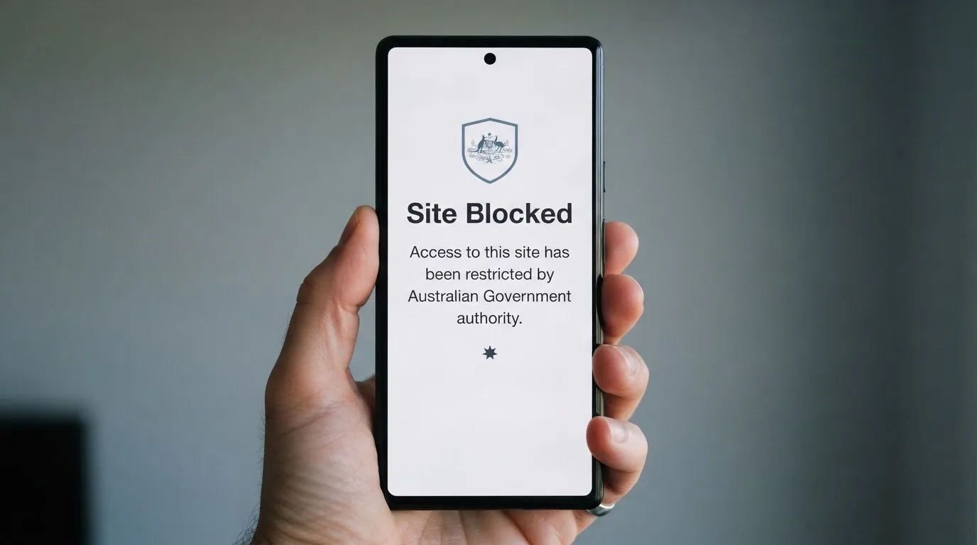 A smartphone screen showing a plain government warning notice about a blocked website, held against a blurred background.