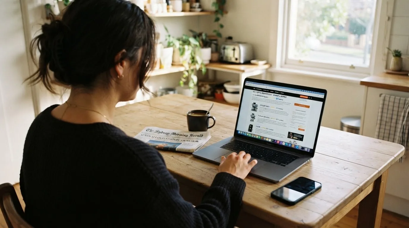 A person at a kitchen table scrolling through review pages on a laptop, phone face-down beside them.