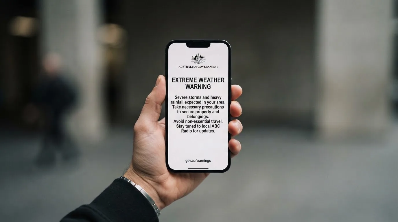 A smartphone screen showing a plain government warning notice about a blocked website, held against a blurred background.