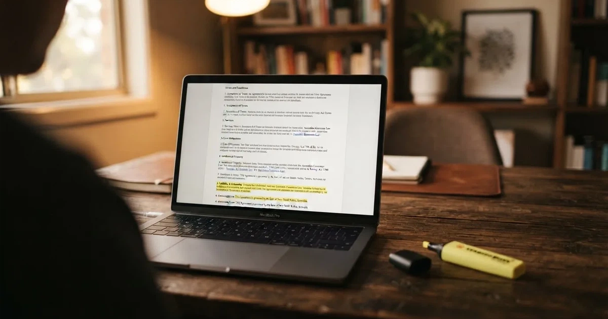 A laptop screen showing a page of terms and conditions text with a highlighter resting nearby.