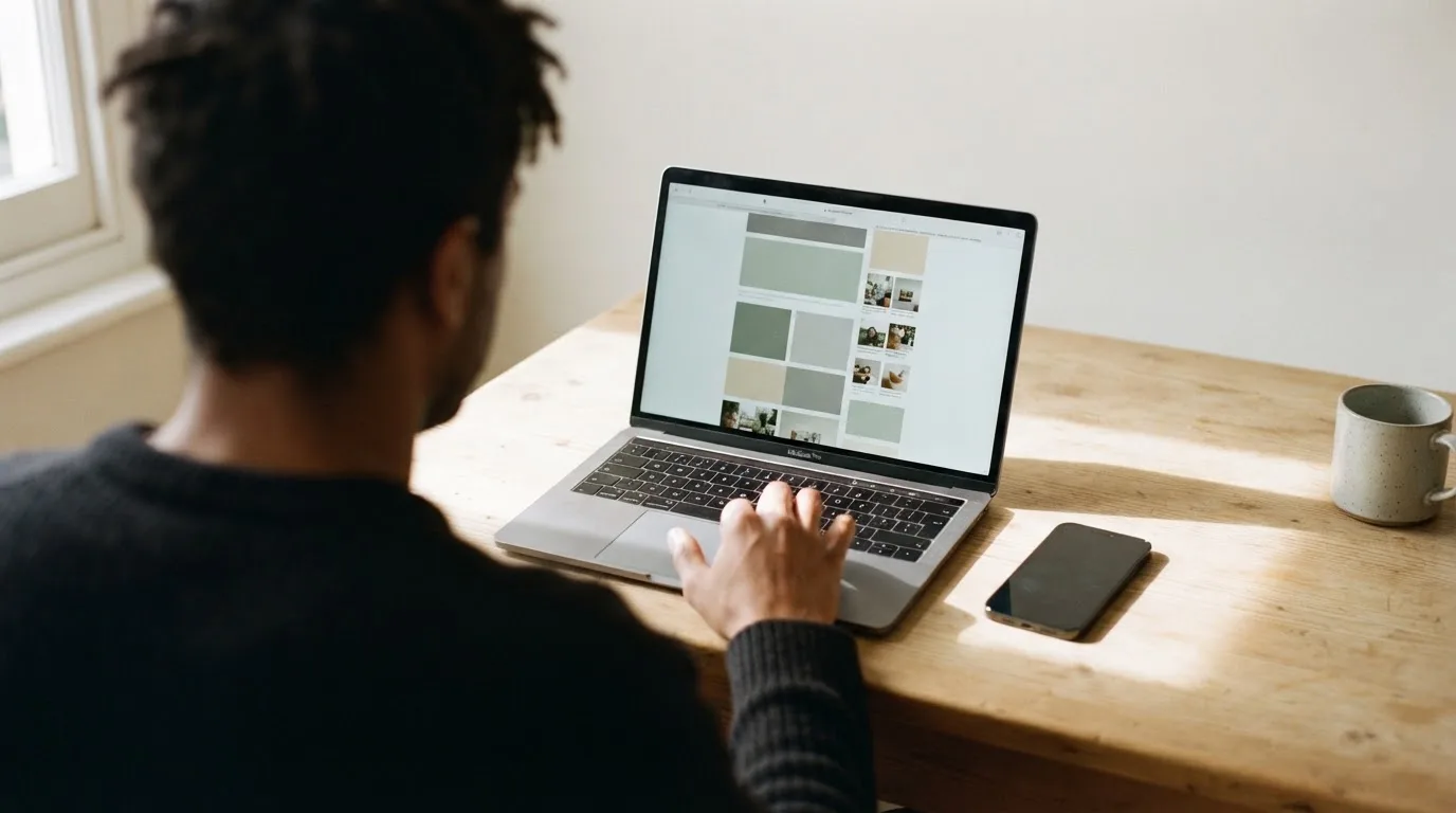 A person at a kitchen table scrolling through review pages on a laptop, phone face-down beside them.
